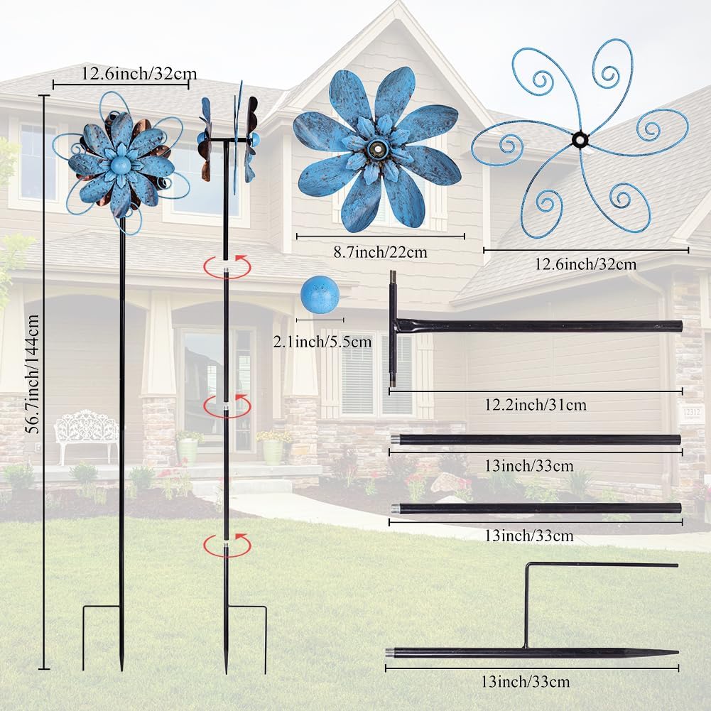 Wind Spinners Outdoor, Metal Flower Garden Pinwheels, Garden Wind Sculptures & Spinners for Yard