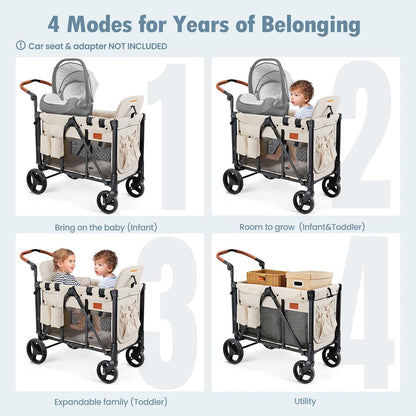 Wagon Stroller for 2 Kids, High Seat & 5 Point Harness, Foldable All-Terrain Wagon for Toddler with