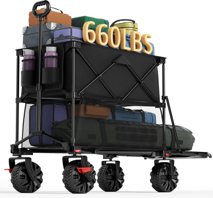 Portal Collapsible Large Double Decker Wagon with Brakes, 660lb Foldable Heavy Duty Utility Wagon