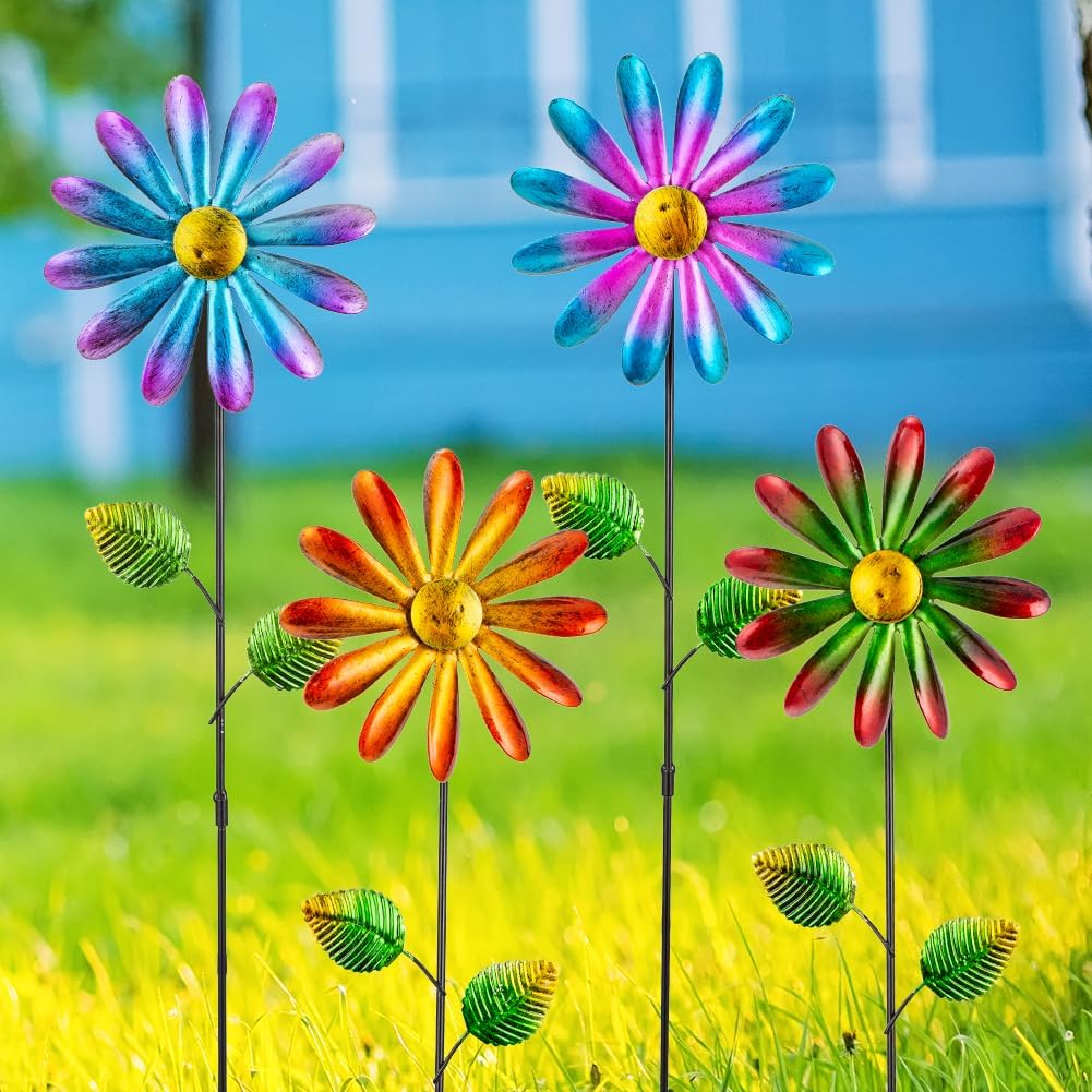 DREAMYSOUL 4 Packs Metal Flowers Wind Spinners Outdoor, Pinwheel Decorative Garden Stakes, Metal