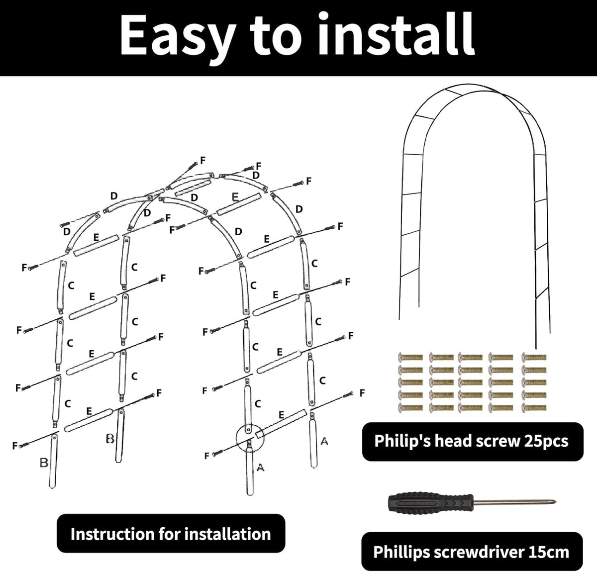 RUBFAC 94" Metal Garden Arch Trellis for Climbing Plants Outdoor, Garden Arbors and Arches, Wedding
