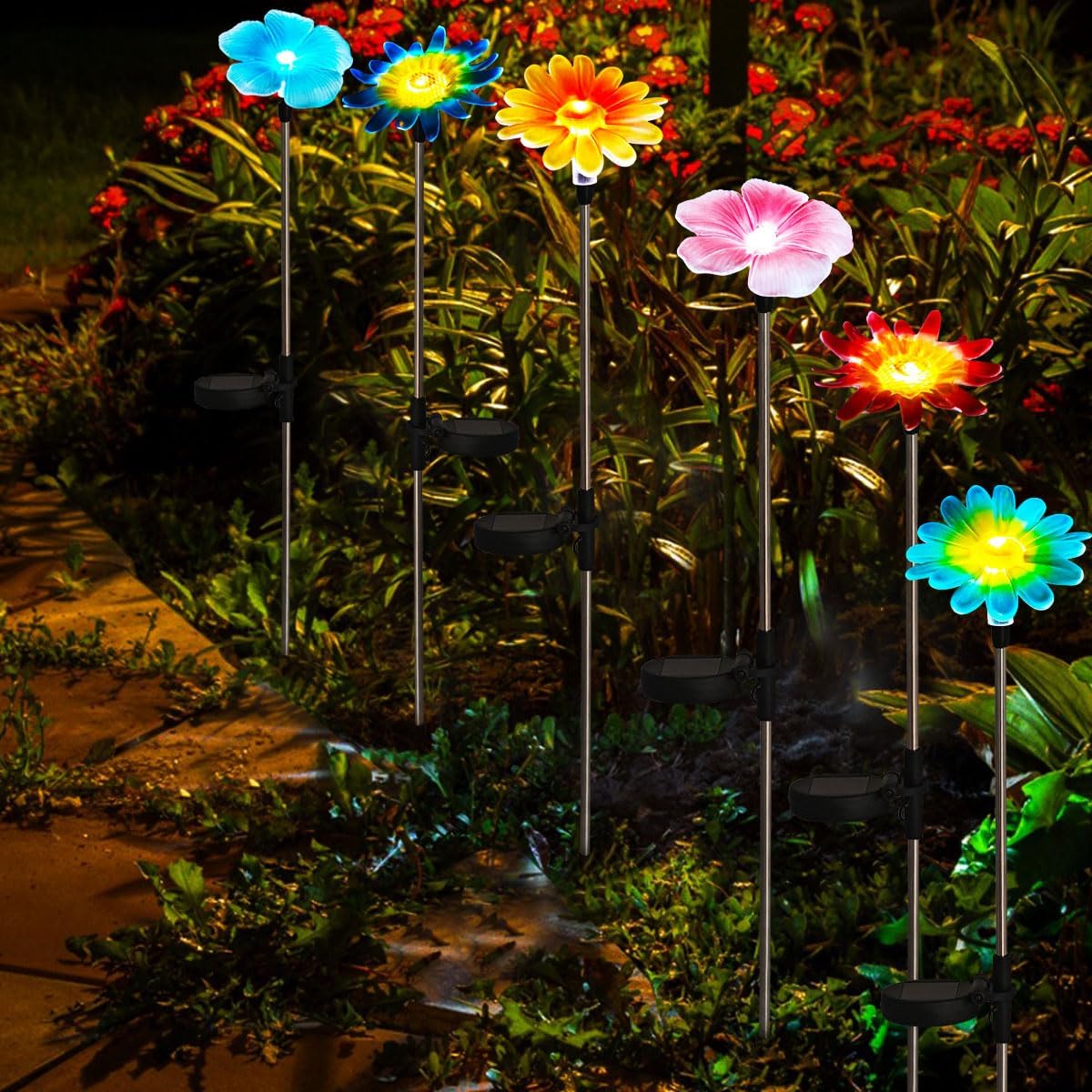EiGreen 6 Pack Solar Garden Lights Outdoor Decor,Stake Yard Figurine Colorful Flower Light