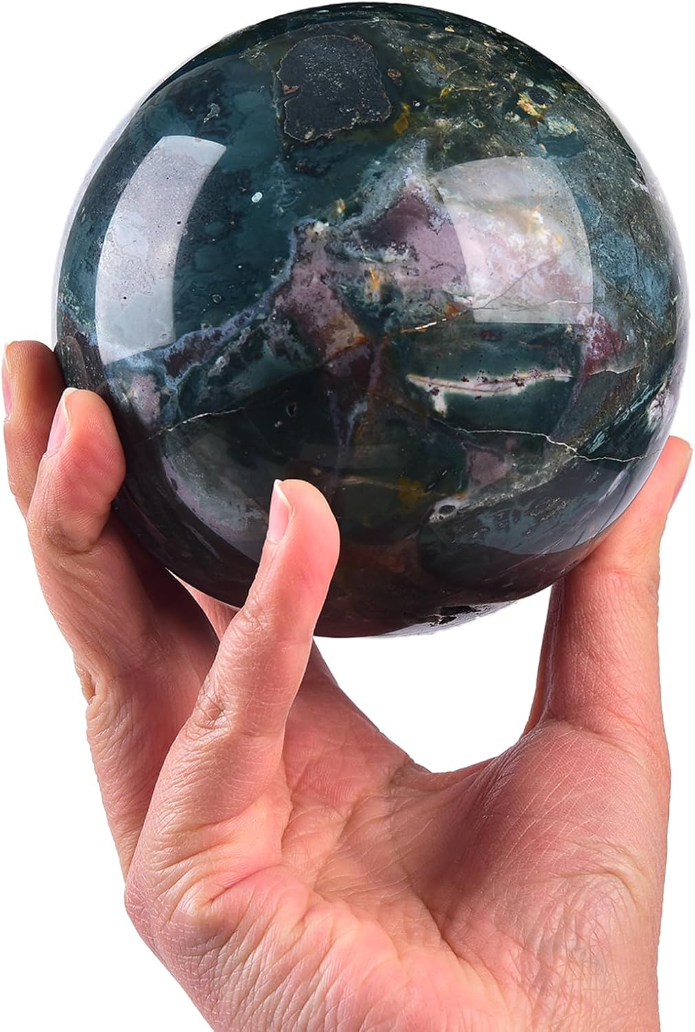JIC Gem Large Healing Crystal Sphere with Stand Ocean Jasper Crystal Gemstone Decorative Ball for