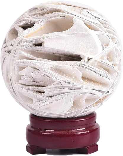 JIC Gem Natural Mexican White Agate Crystal Sphere with Wooden Stand Decorative Crystal Ball White