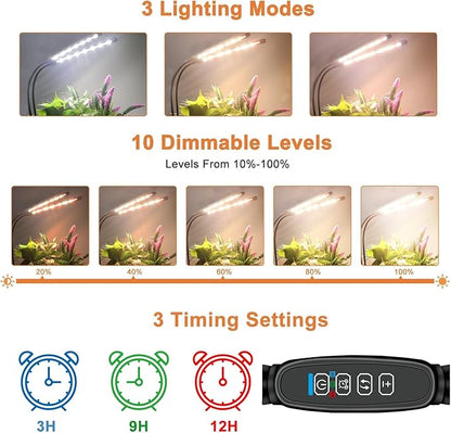 Full Spectrum Dual Heads Clip Grow Lights for Indoor Plants with 3/9/12H Timer Dimmer and 10 feet