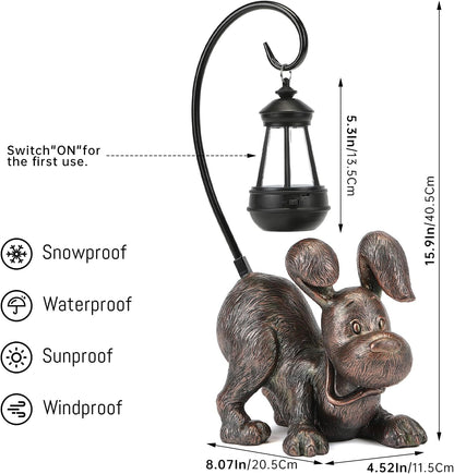 Laughing Dog Figurine with Solar-Powered LED Light 15.9 Inches Tall Antique Bronze, Perfect for