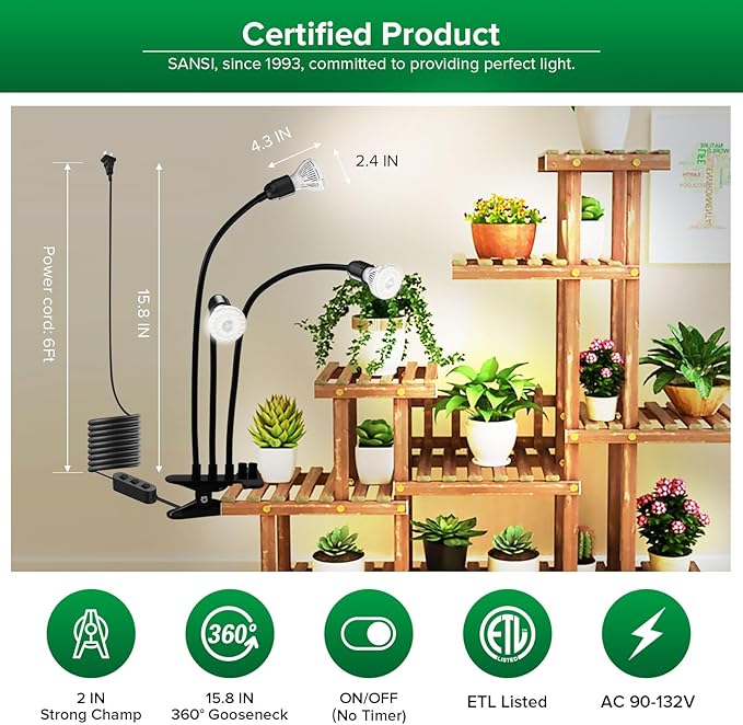 SANSI LED Grow Lights for Indoor Plants, 450W Full Spectrum 3-Head Gooseneck Grow Lamp with Ceramic
