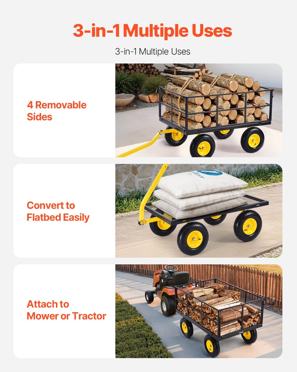 VEVOR 1400 Lbs Steel Garden Cart, Heavy Duty Pullable Garden Wagon Yard Cart, 2 in 1 Outdoor Metal