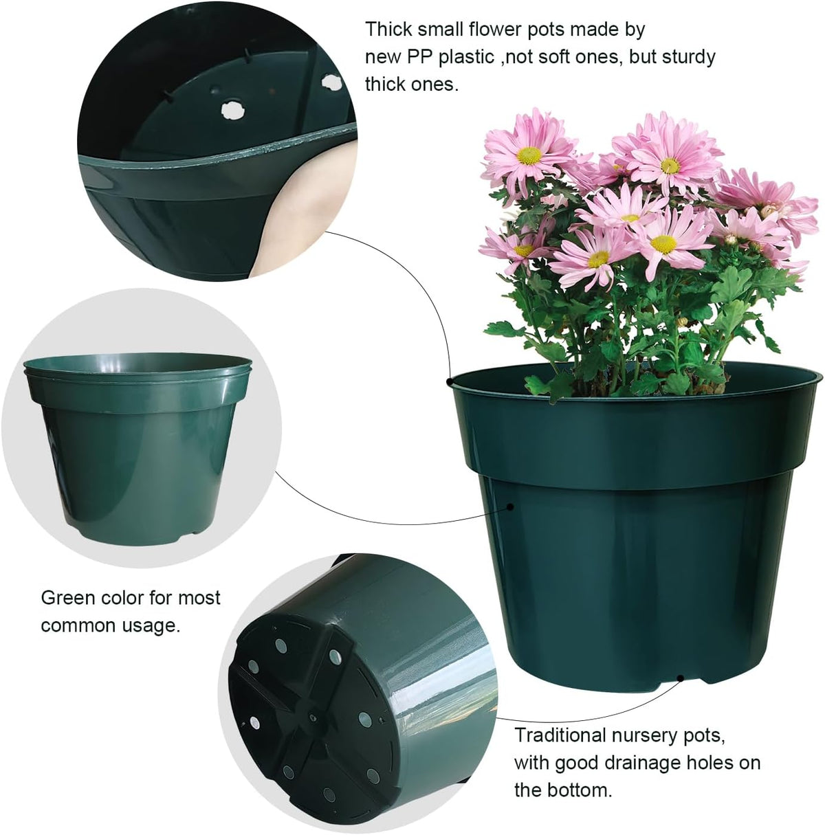 50 Pack 6 Inch Nursery Pots, Planting Grow Plastic Flower Pots, Thick Planters with Drainage Holes