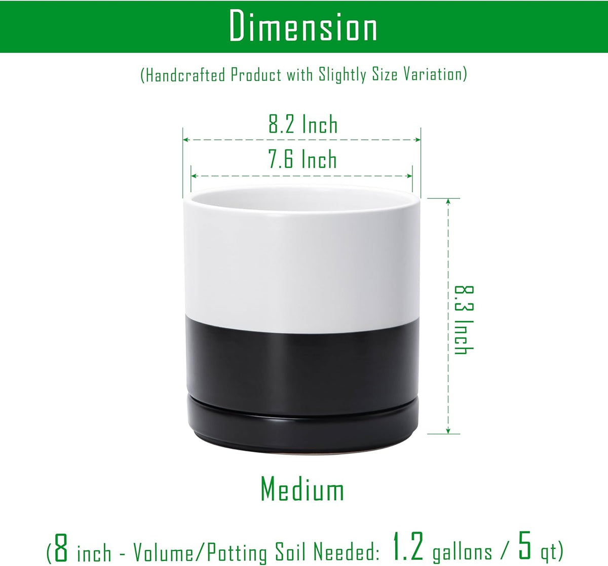 D'vine Dev 8.2 Inch Ceramic Planter Pot with Drainage Hole and Saucer, Indoor Cylinder Round