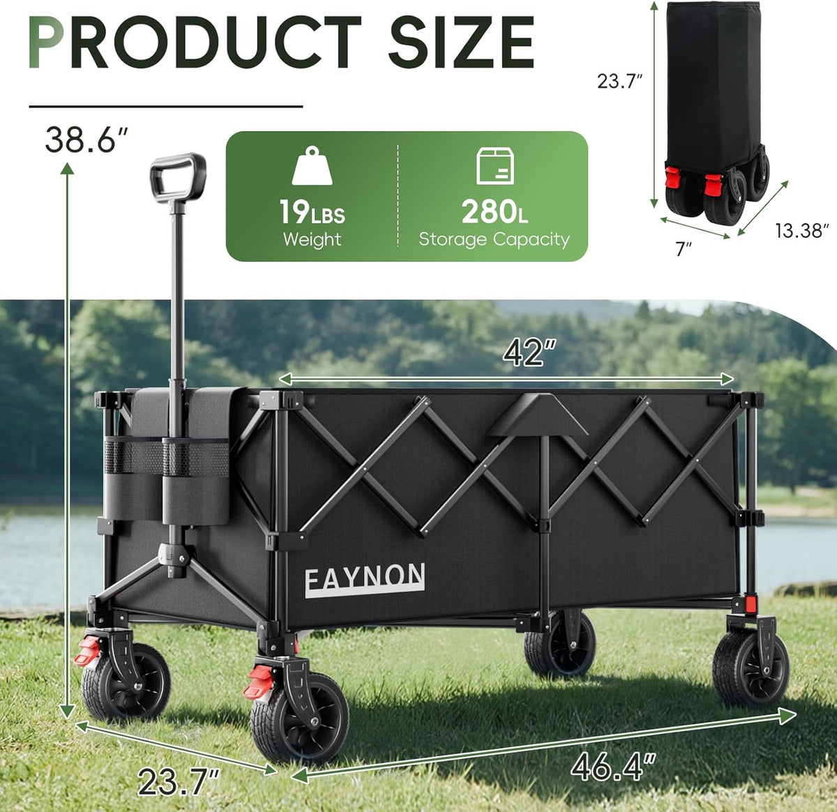 46" L Collapsible Foldable Extended Wagon, 500LB Weight Capacity with 280L Heavy Duty Folding