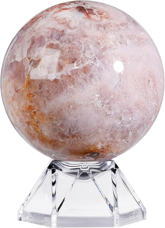 Natural Cherry Blossom Agate Crystal Ball with Acrylic Display Base, 50-60mm Polished Stone Feng