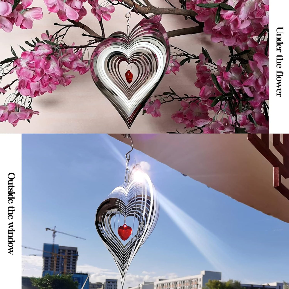 DJUAN Wind Spinner Outdoor Metal Decorations,3D Red Heart Wind Spinners for Yard and Garden, Mirror