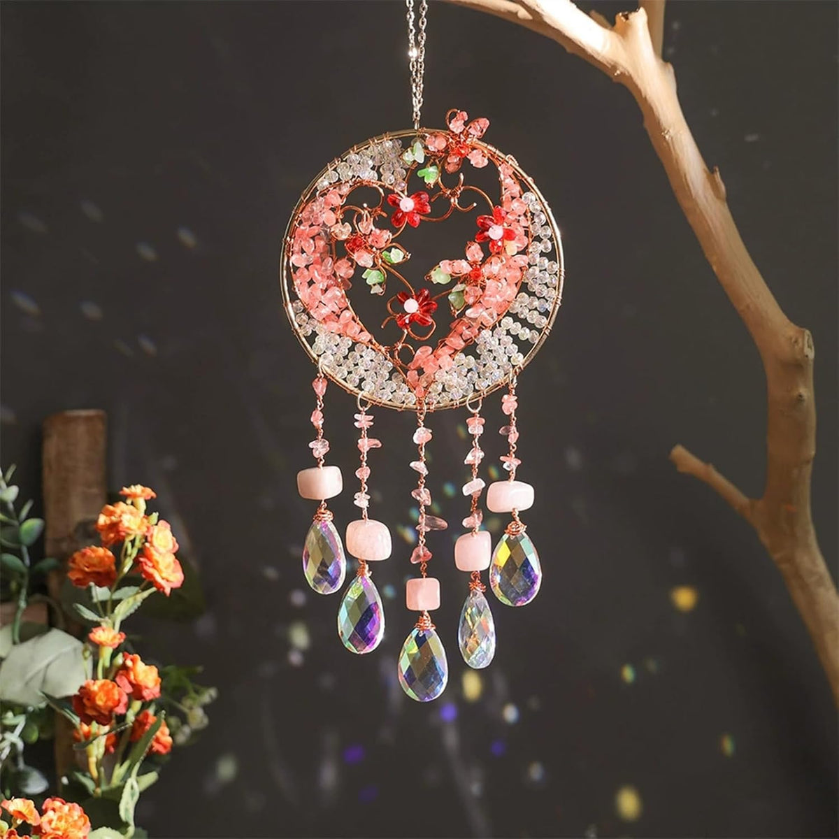 TUOKING Crystal Suncatchers for Window Pink Love Dreamy Crystal Natural Stone Sun Catchers Rainbow