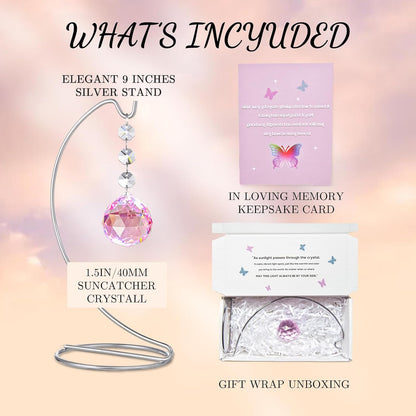 Grief Gifts for Women,40mm Crystal Suncatcher 9-inch Silver Stand with a Greeting Card,in Memory of
