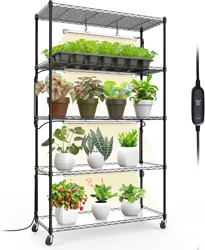 Bstrip Plant Shelf with Grow Light with Timer, Metal Plant Stand with Adjustable Rack and Wheels, 4