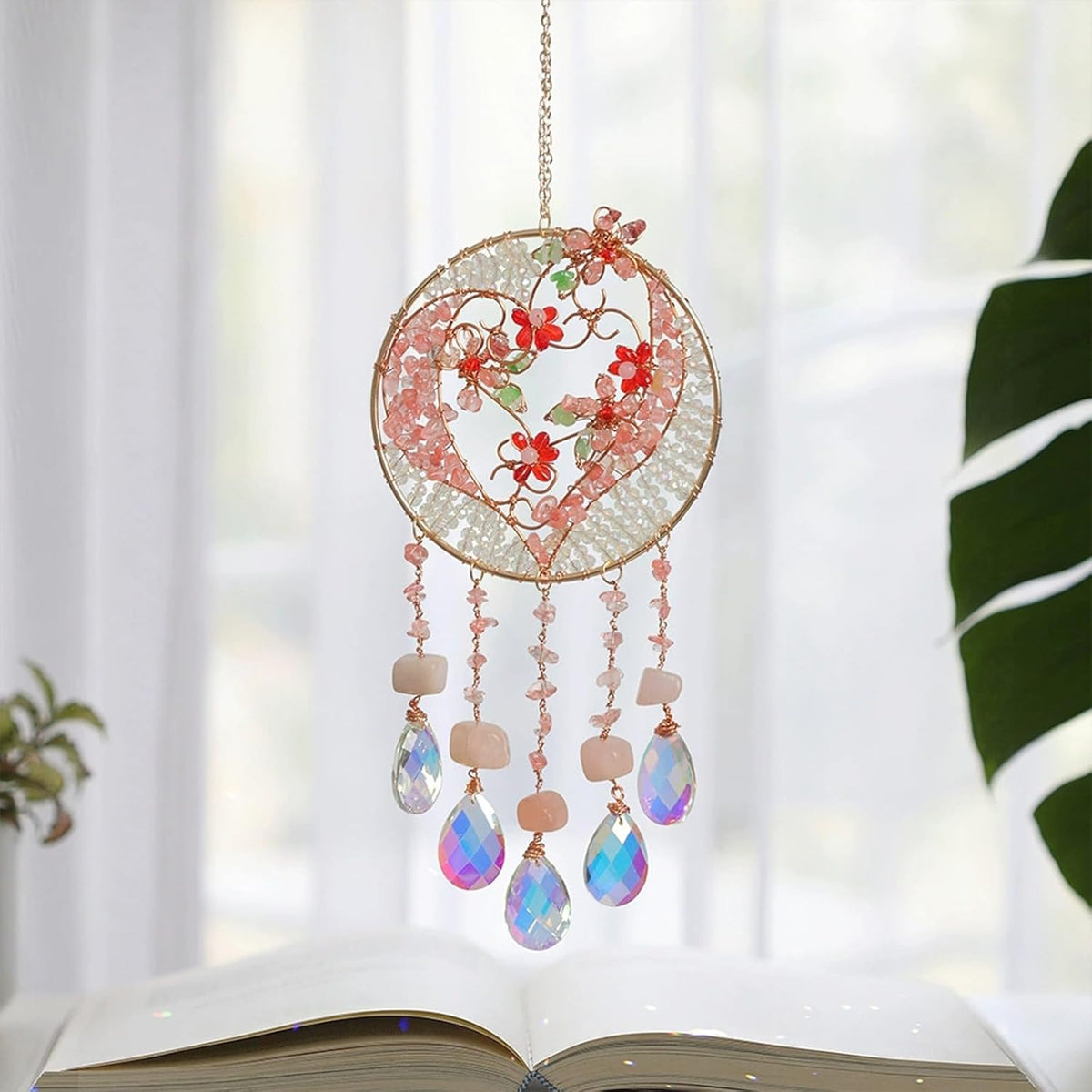 TUOKING Crystal Suncatchers for Window Pink Love Dreamy Crystal Natural Stone Sun Catchers Rainbow