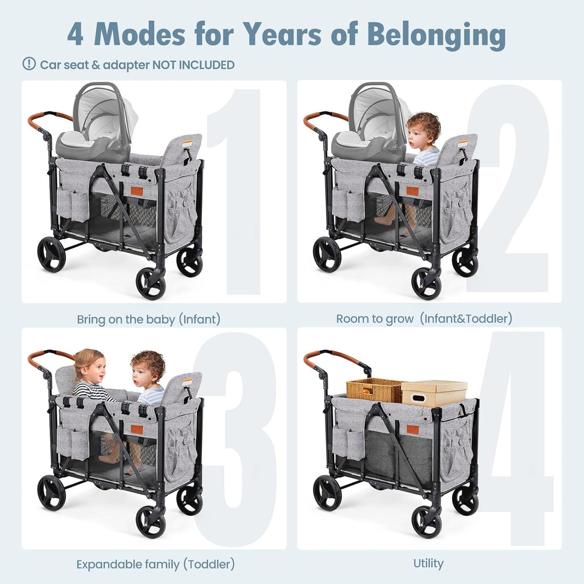 Wagon Stroller for 2 Kids, High Seat & 5 Point Harness, Foldable All-Terrain Wagon for Toddler with