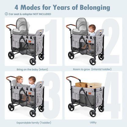 Wagon Stroller for 2 Kids, High Seat & 5 Point Harness, Foldable All-Terrain Wagon for Toddler with