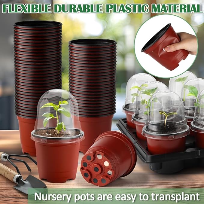4 Inch 60 Pack Nursery Pots with Humidity Domes & 5 Pack 12 Cell Round Seedling Pot Carrying Trays