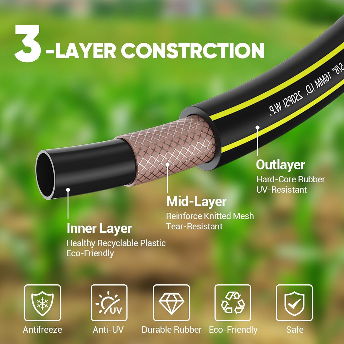 Garden Hose 50FT - PHLEX PRO Heavy-Duty Premium 5/8'' Rubber 3-Layer Water Hose - Innovation