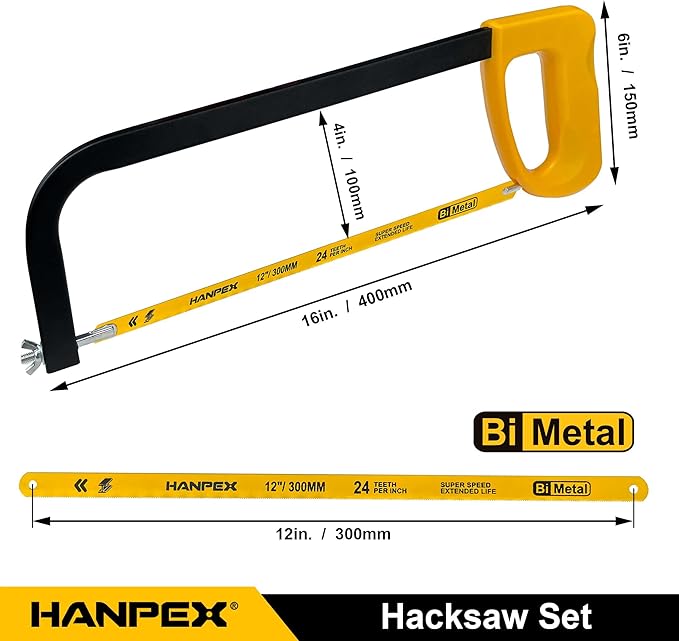 12in. High-Tension Hacksaw Frame with 5pcs Extra Bi-metal Blades, Hand Saw Suitable for Metal