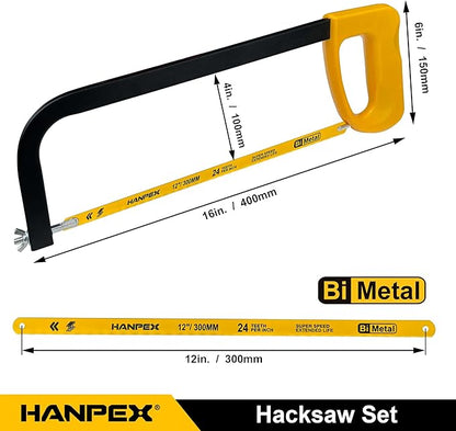 12in. High-Tension Hacksaw Frame with 5pcs Extra Bi-metal Blades, Hand Saw Suitable for Metal