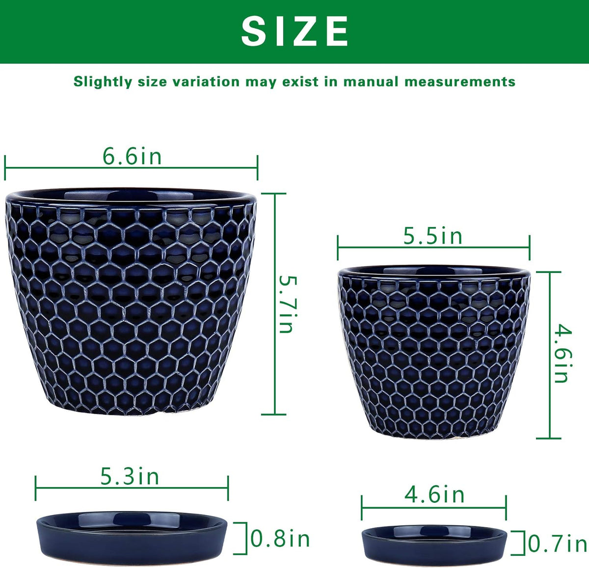 Docrin Ceramic Plant Pots Indoor, 6.6 + 5.5 Inch Planters with Drainage Holes and Saucer for