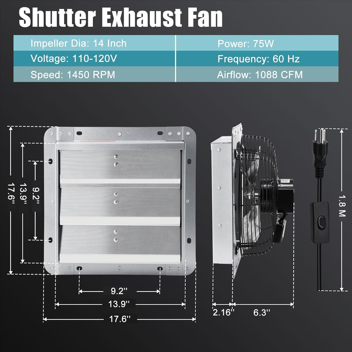 Criditpid 14 Inch Shutter Exhaust Fan, Wall Mounted Vent Fan for Garage, Attic, Greenhouse, Shop