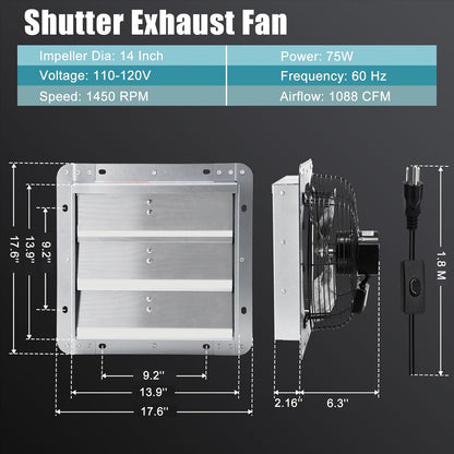 Criditpid 14 Inch Shutter Exhaust Fan, Wall Mounted Vent Fan for Garage, Attic, Greenhouse, Shop