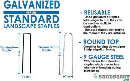 Sandbaggy Galvanized 6-Inch Landscape Staples ~ 9 Gauge Steel - Fabric Pins, Garden Earth Stakes