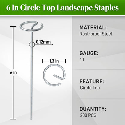 200 Pcs Circle Top Landscape Staples, 11 Gauge Landscape Fabric Pins, 6 Inch Garden Stake for