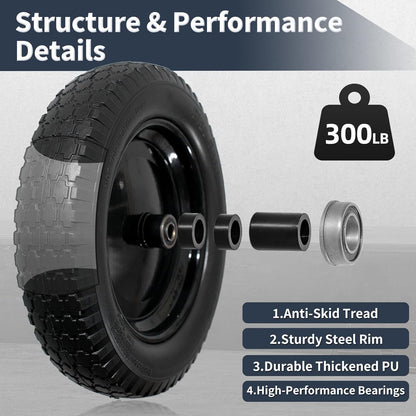 Wheelbarrow Tire 4.80/4.00-8 Flat Free Solid Tire Wheel 14.5 Inch, Replacement Heavy Duty Wheel