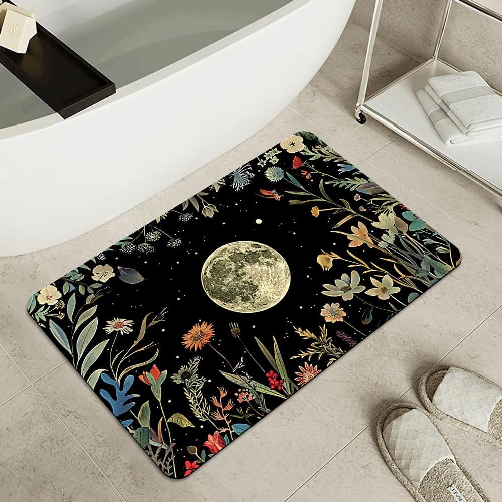 Bath Mat-Bathroom Rug，Moon Surrounded by Wildflowers-Absorbent Non Slip Quick Dry Stain Resistant