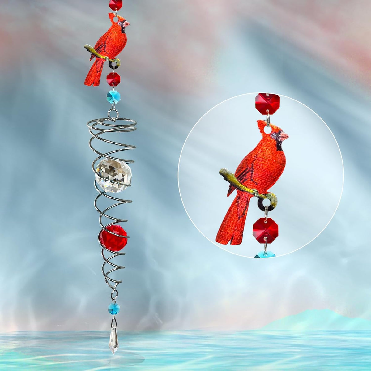 FONMY Cardinal Gazing Ball Spiral Tail Wind Spinner Sun Catcher Rainbow Maker Silver Spiral W/ K9