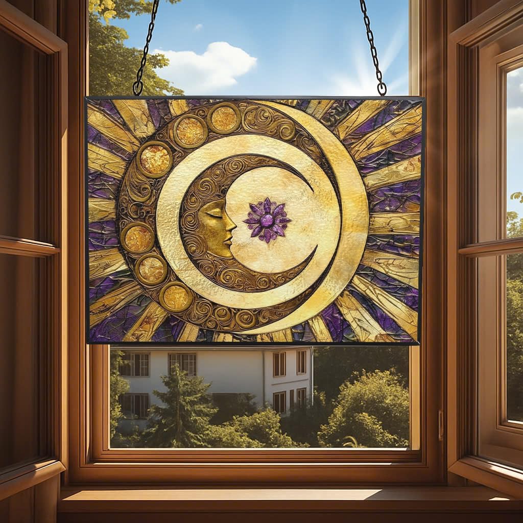 Rectangle Sun and Moon Suncatcher Indoor/Outdoor Stained Glass Window Hanging Handmade Suncatchers