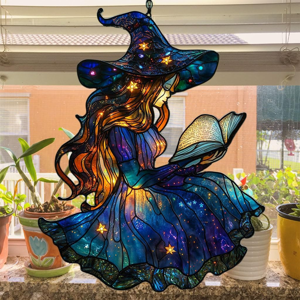 Cute Wizard Reading Books Acrylic Suncatcher Stained Glass Effect Window Car Hanging Christmas