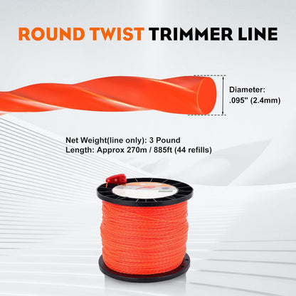 Hipa 095 Inch Trimmer Line,2.4mm/ 0.095" Weed Wacker Eater String, Commercial Grade Round Nylon