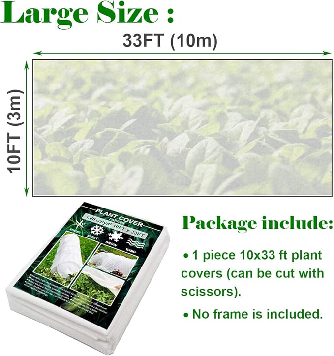 Plant Covers Freeze Protection, 10ft×33ft Reusable Rectangle Frost Protection Floating Row Cover