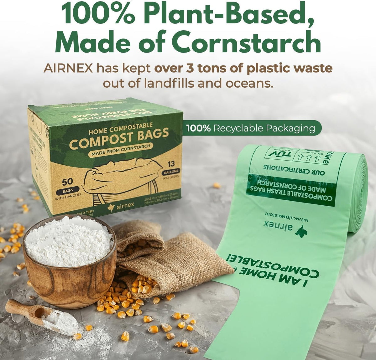 Compost Bags for Countertop Bin -Compostable Trash Bags made of Cornstarch - Leakproof & Tear