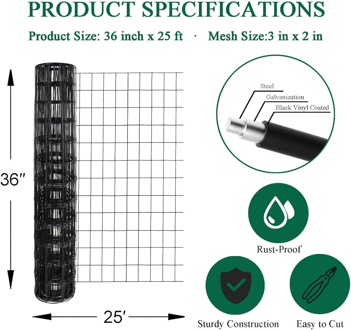 Black PVC Coated Welded Wire Fence 36 Inch x 25 Foot, 2 Inch x 3 Inch 16GA, Garden Border Fencing