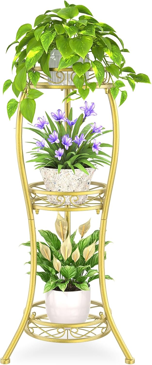 iDavosic.ly 3 Tier Tall Metal Plant Stand Indoor Outdoor, Wrought Iron Corner Flower Pot Holder