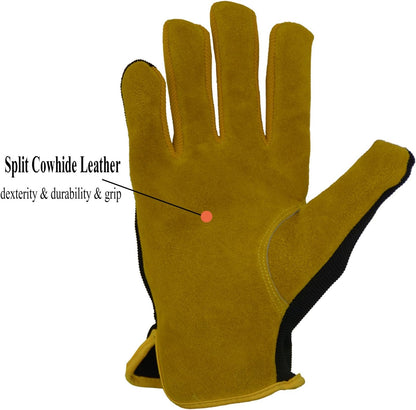 HANDLANDY Men Leather Gardening Gloves, Utility Work Gloves for Mechanics, Construction, Driver