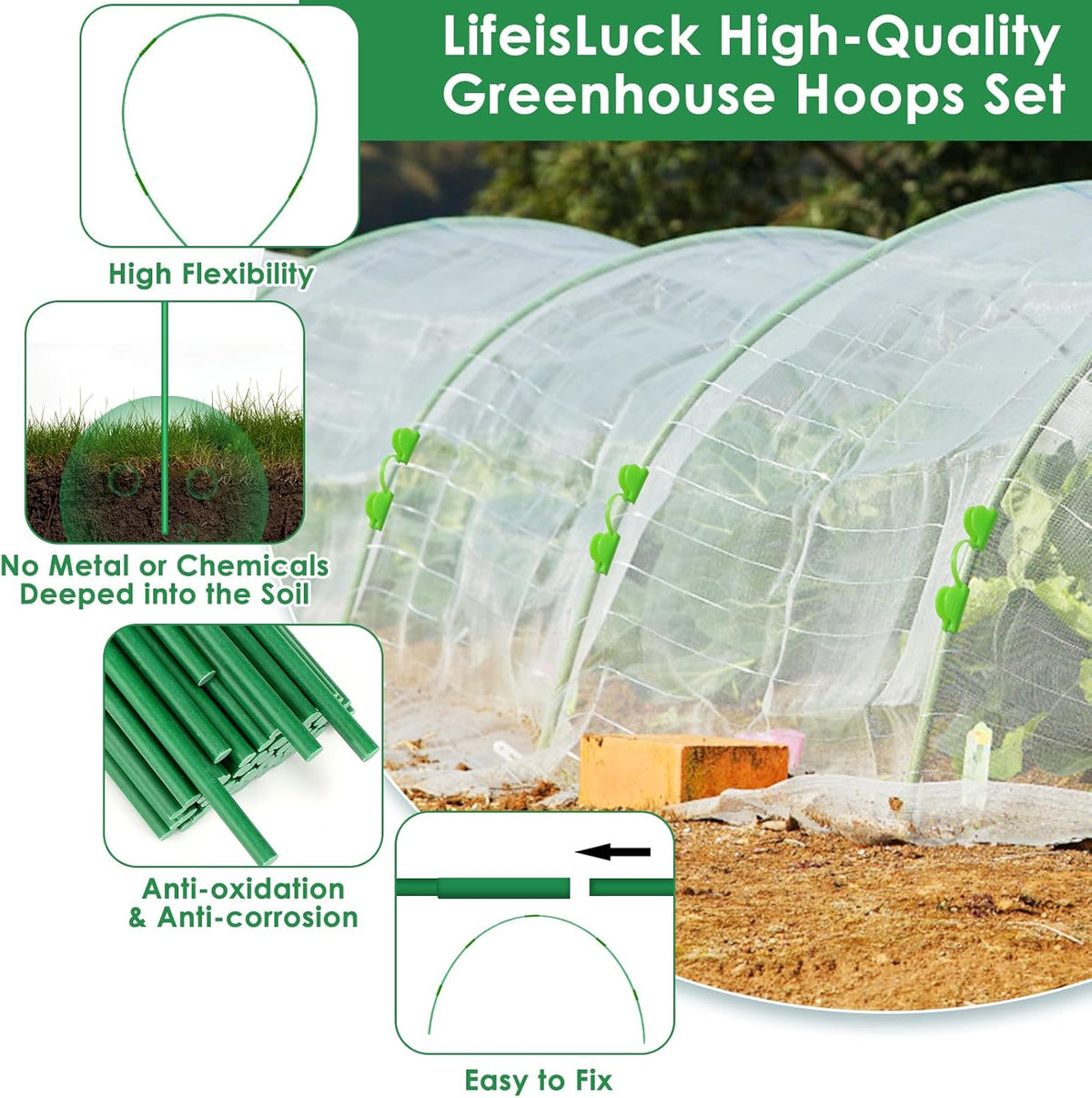 9 Sets Greenhouse Hoops for Raised Beds,45 Pcs Garden Hoops Grow Tunnel Rust-Free Fiberglass Garden