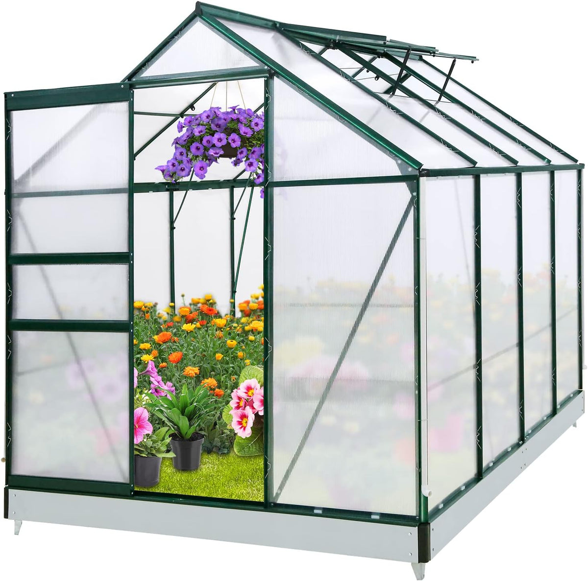 EAGLE PEAK 6x8x7 Outdoor Walk-in Hobby Greenhouse with Adjustable Roof Vent and Rain Gutter, Base
