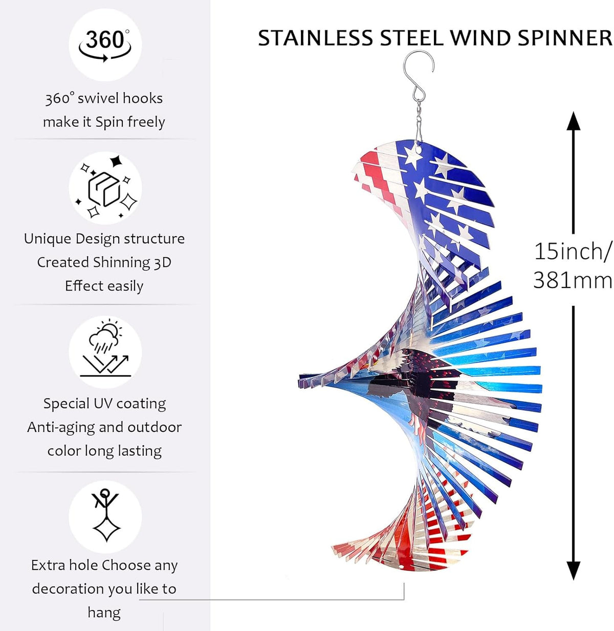 Wind Spinners Outdoor Creates a Soaring Eagle Effect, 3D American Flag Eagle Wind Spinner Hanging