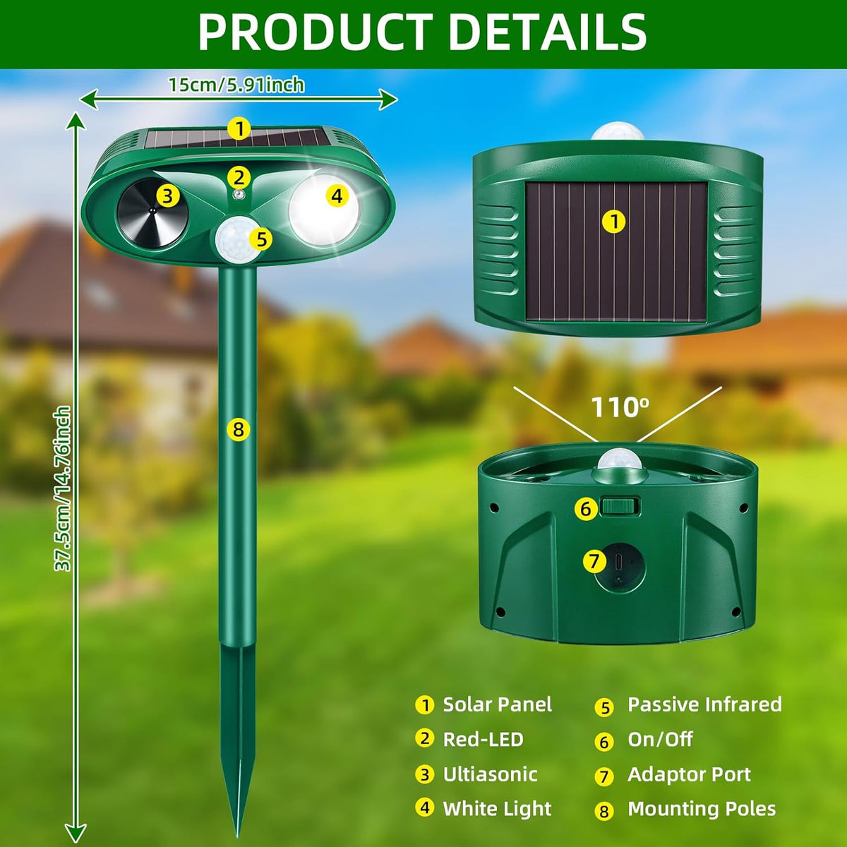 4 Pack Solar Ultrasonic Animal Repellent Outdoor Squirrel Raccoon Fortress Pro,Cat Deer Repellent
