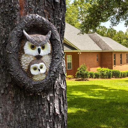 Owl Mom and Owlet Tree Hugger, Outdoor Garden Sculpture Tree Faces, Owl Bird Garden Resin Statue