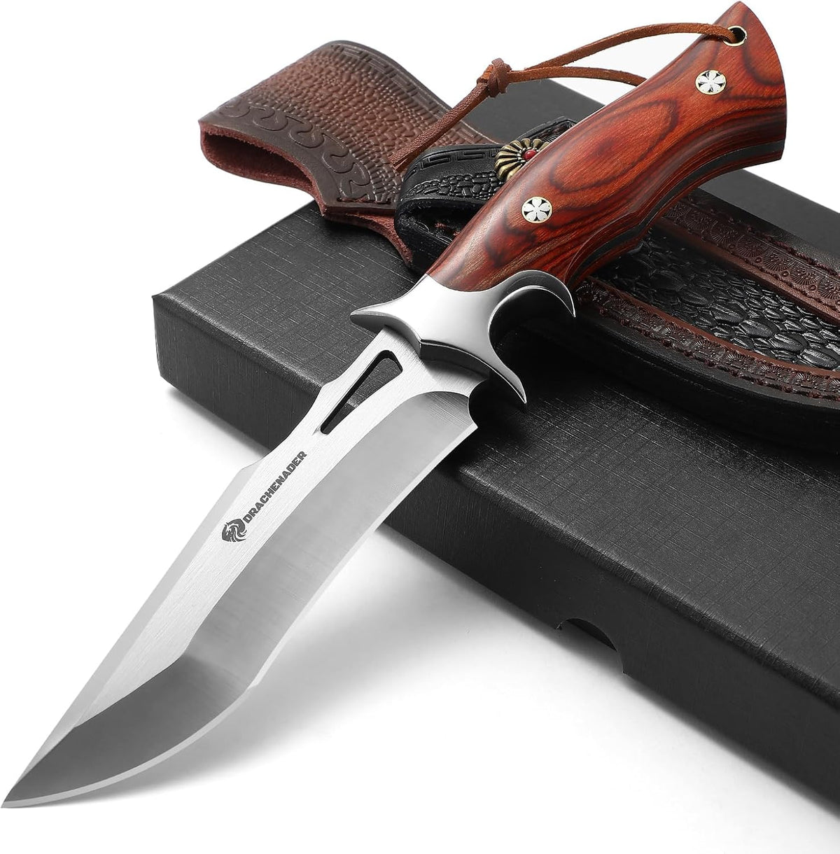 10.24" M390 Knives Hunting Knife Fixed Blade with Leather Sheath, Bushcraft Full Tang Knife