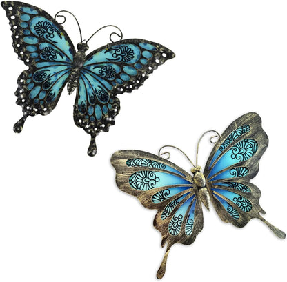 LIFFY Metal Butterfly Wall Decor,2Pack 12" Hanging Glass Butterfly Outdoor Decor,Garden Decorative
